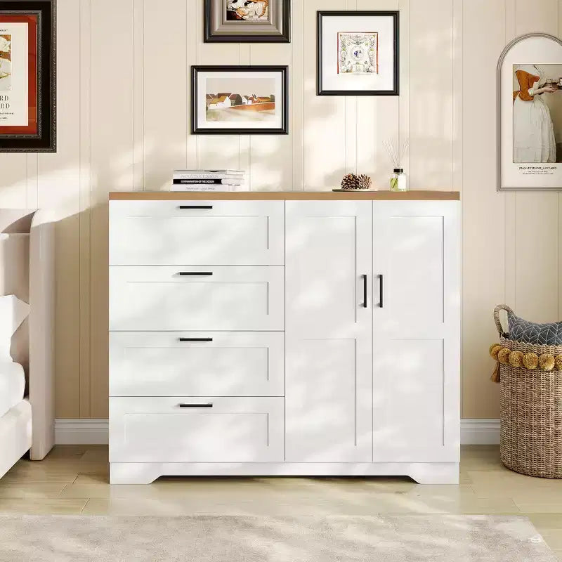 Armoire de 109,9 cm de haut avec 4 tiroirs et 2 portes, tringle de suspension, commode multifonctionnelle en bois avec rangement, meuble de salle de bain pour chambre à coucher