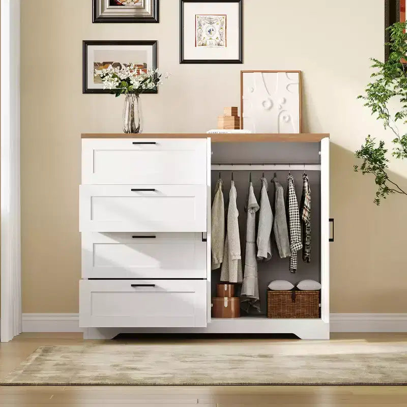Armoire de 109,9 cm de haut avec 4 tiroirs et 2 portes, tringle de suspension, commode multifonctionnelle en bois avec rangement, meuble de salle de bain pour chambre à coucher