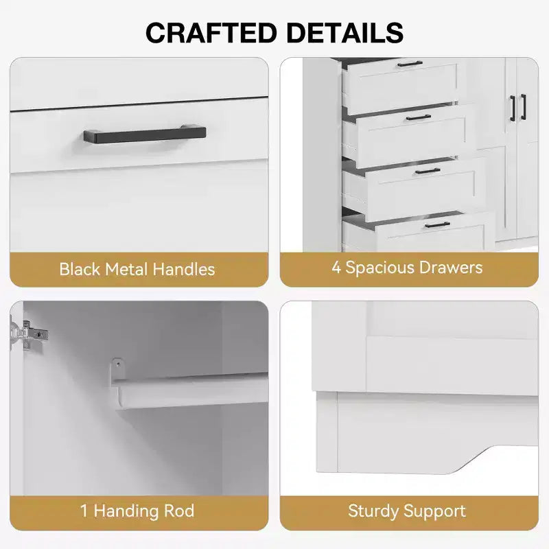 Armoire de 109,9 cm de haut avec 4 tiroirs et 2 portes, tringle de suspension, commode multifonctionnelle en bois avec rangement, meuble de salle de bain pour chambre à coucher