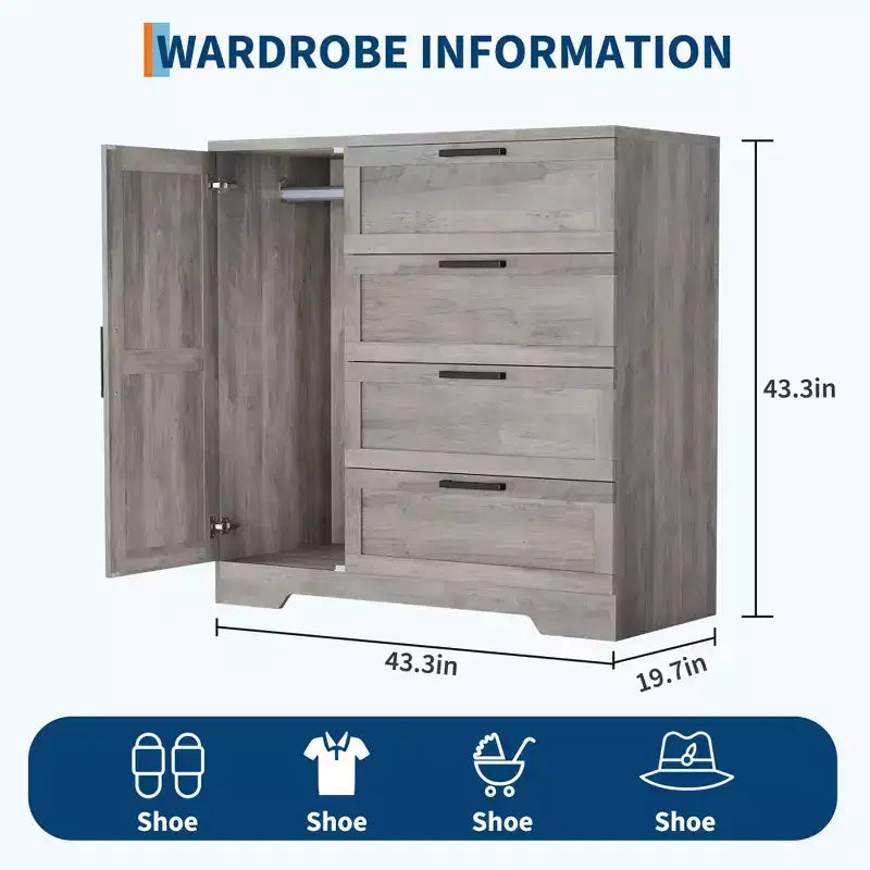 Armoire de 109,9 cm de haut avec 4 tiroirs et 2 portes, tringle de suspension, commode multifonctionnelle en bois avec rangement, meuble de salle de bain pour chambre à coucher