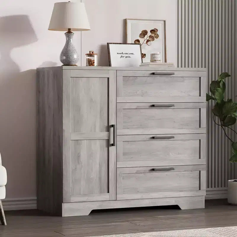 Armoire de 109,9 cm de haut avec 4 tiroirs et 2 portes, tringle de suspension, commode multifonctionnelle en bois avec rangement, meuble de salle de bain pour chambre à coucher