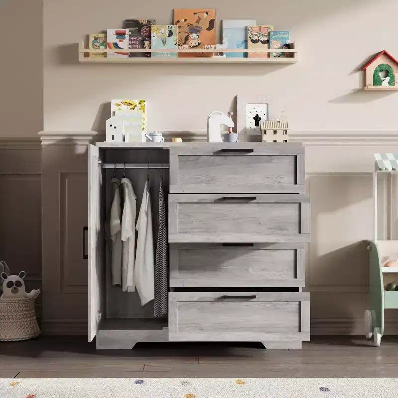 Armoire de 109,9 cm de haut avec 4 tiroirs et 2 portes, tringle de suspension, commode multifonctionnelle en bois avec rangement, meuble de salle de bain pour chambre à coucher