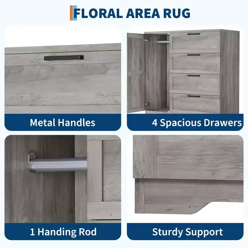 Armoire de 109,9 cm de haut avec 4 tiroirs et 2 portes, tringle de suspension, commode multifonctionnelle en bois avec rangement, meuble de salle de bain pour chambre à coucher