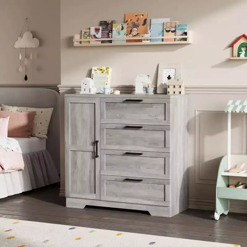 Armoire de 109,9 cm de haut avec 4 tiroirs et 2 portes, tringle de suspension, commode multifonctionnelle en bois avec rangement, meuble de salle de bain pour chambre à coucher