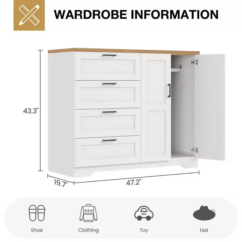 Armoire de 109,9 cm de haut avec 4 tiroirs et 2 portes, tringle de suspension, commode multifonctionnelle en bois avec rangement, meuble de salle de bain pour chambre à coucher
