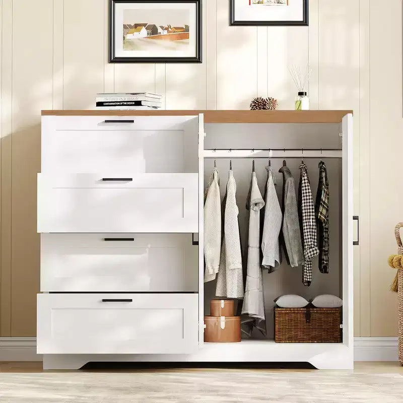 Armoire de 109,9 cm de haut avec 4 tiroirs et 2 portes, tringle de suspension, commode multifonctionnelle en bois avec rangement, meuble de salle de bain pour chambre à coucher