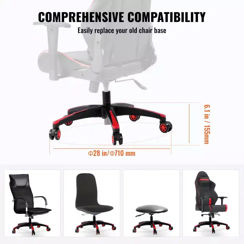 Remplacement de base de chaise de bureau, 28 po, charge statique de 2500 lb, pièce de base universelle robuste pour chaise de bureau d'ordinateur, noir + rouge