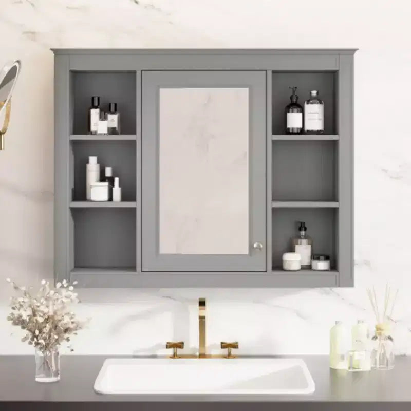Armoire à pharmacie de 35'' x 27,5'', meuble de rangement mural pour salle de bain, armoire murale de salle de bain moderne avec miroir, armoire miroir avec 6 étagères ouvertes