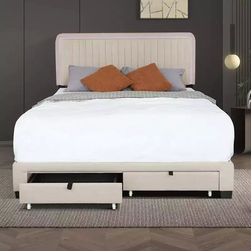 Queen Size Upholstered Bed Frame, 43.5''/ 47.5'' Adjustable Tufted Headboard, 2 Drawers, Storage for Bedroom, Beige