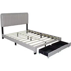 Lit rembourré Queen Size, tête de lit capitonnée réglable 43,5''/ 47,5'', 2 tiroirs, rangement pour chambre à coucher, beige