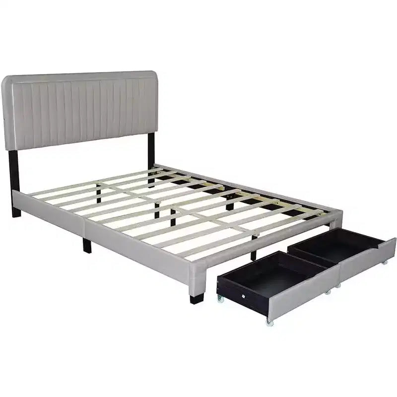 Lit rembourré Queen Size, tête de lit capitonnée réglable 43,5''/ 47,5'', 2 tiroirs, rangement pour chambre à coucher, beige