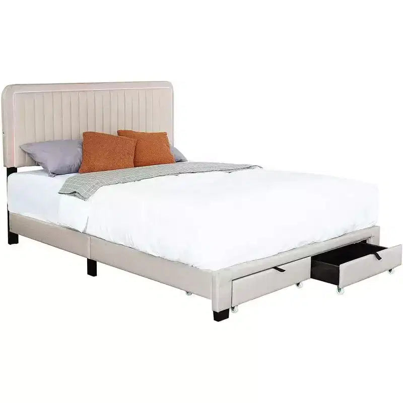 Lit rembourré Queen Size, tête de lit capitonnée réglable 43,5''/ 47,5'', 2 tiroirs, rangement pour chambre à coucher, beige
