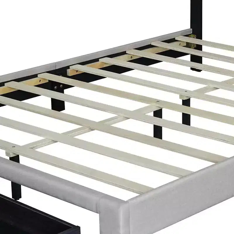 Lit rembourré Queen Size, tête de lit capitonnée réglable 43,5''/ 47,5'', 2 tiroirs, rangement pour chambre à coucher, beige