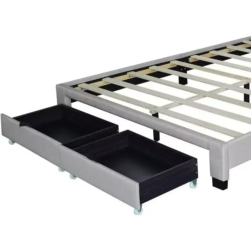 Lit rembourré Queen Size, tête de lit capitonnée réglable 43,5''/ 47,5'', 2 tiroirs, rangement pour chambre à coucher, beige