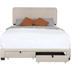 Lit rembourré Queen Size, tête de lit capitonnée réglable 43,5''/ 47,5'', 2 tiroirs, rangement pour chambre à coucher, beige