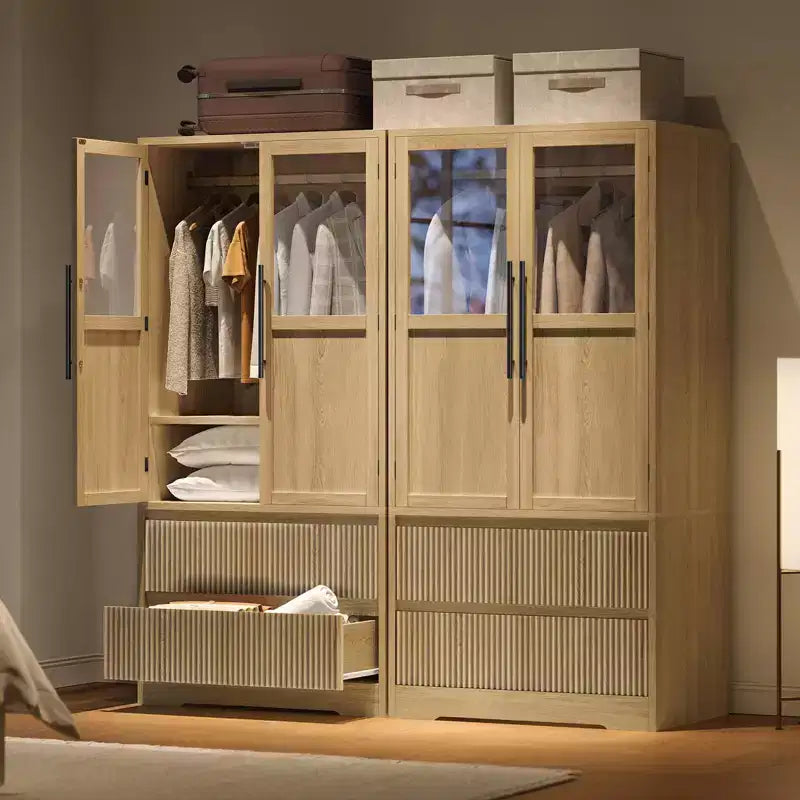 Armoire de chambre à coucher en bois, armoire de rangement avec 2 tiroirs, armoire autoportante avec étagères et tringle de suspension