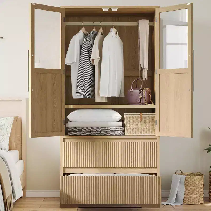 Armoire de chambre à coucher en bois, armoire de rangement avec 2 tiroirs, armoire autoportante avec étagères et tringle de suspension