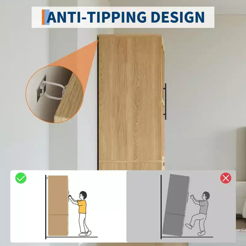 Armoire de chambre à coucher en bois, armoire de rangement avec 2 tiroirs, armoire autoportante avec étagères et tringle de suspension