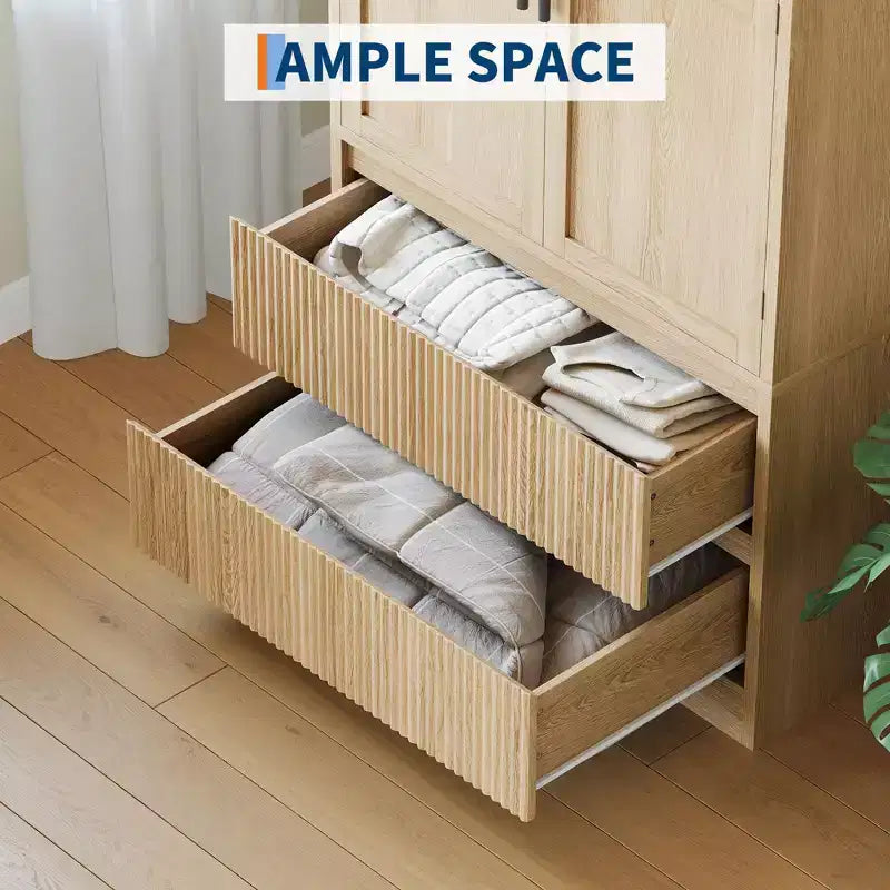 Armoire de chambre à coucher en bois, armoire de rangement avec 2 tiroirs, armoire autoportante avec étagères et tringle de suspension