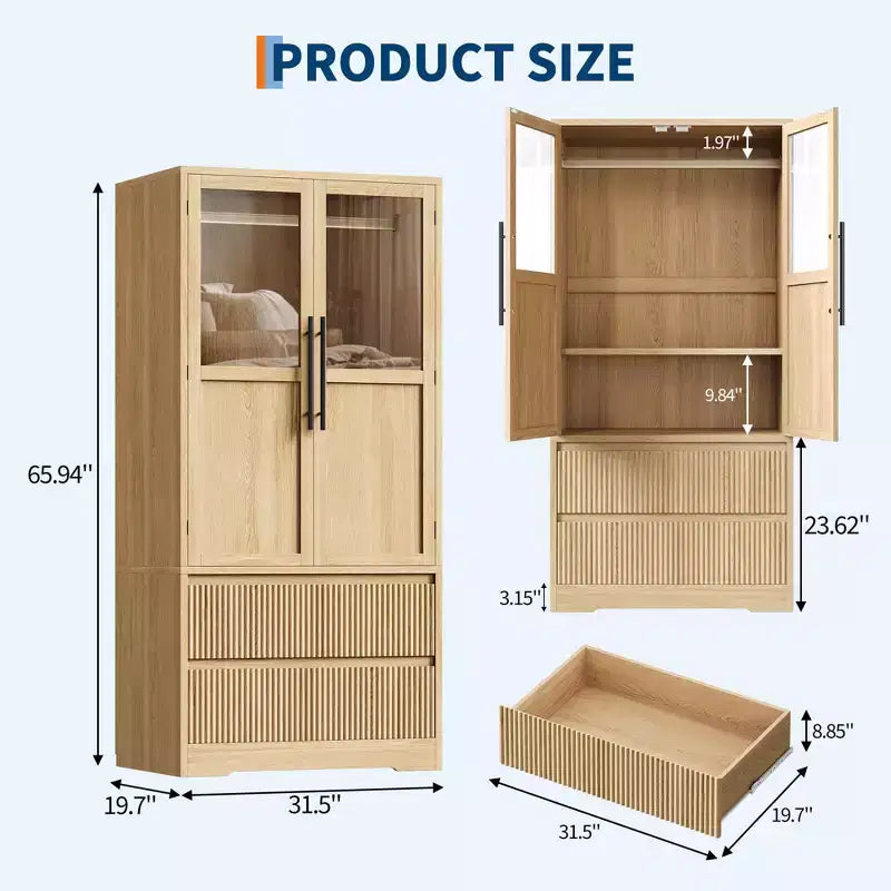 Armoire de chambre à coucher en bois, armoire de rangement avec 2 tiroirs, armoire autoportante avec étagères et tringle de suspension