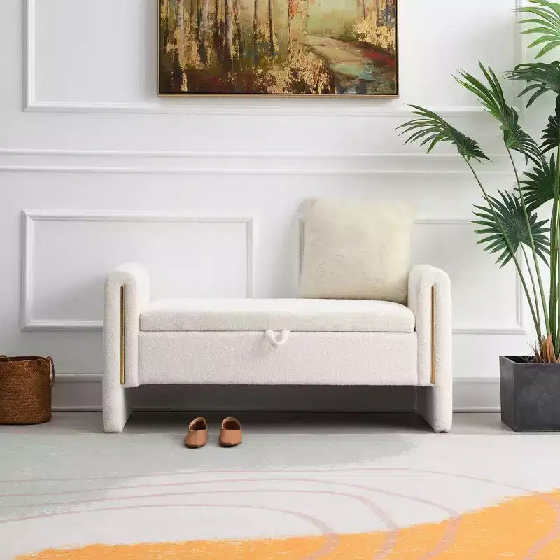TUYOHW Modern Bed End Bench with Arms and Storage, Upholstered Large Foot Rest Stool, Comfy Window Vanity Bench for Living Room, Cream