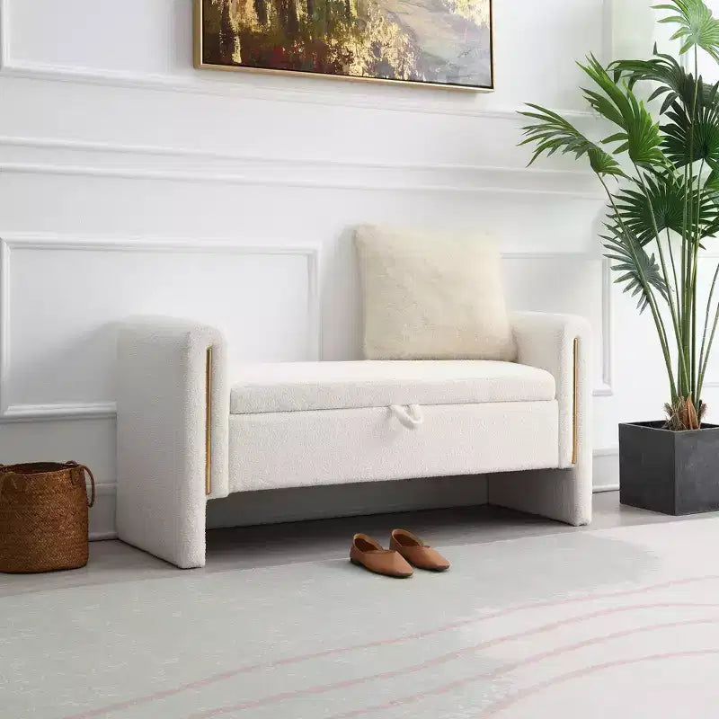 Banc de bout de lit moderne avec accoudoirs et rangement, grand repose-pieds rembourré, banc de fenêtre confortable pour le salon, crème