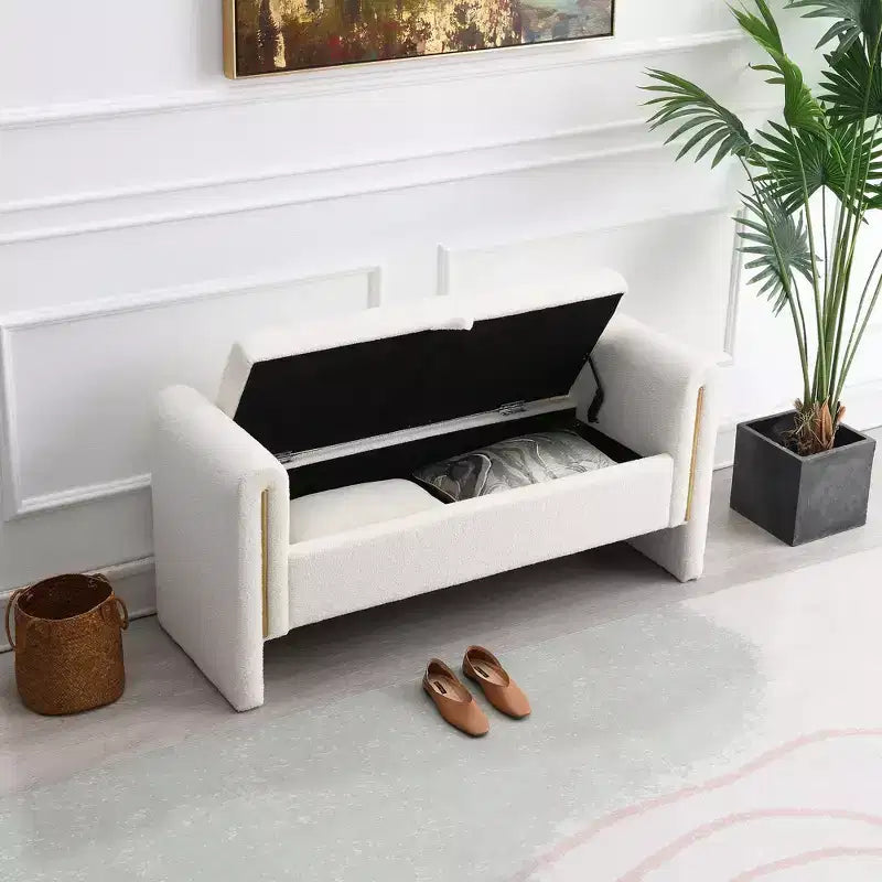 Banc de bout de lit moderne avec accoudoirs et rangement, grand repose-pieds rembourré, banc de fenêtre confortable pour le salon, crème