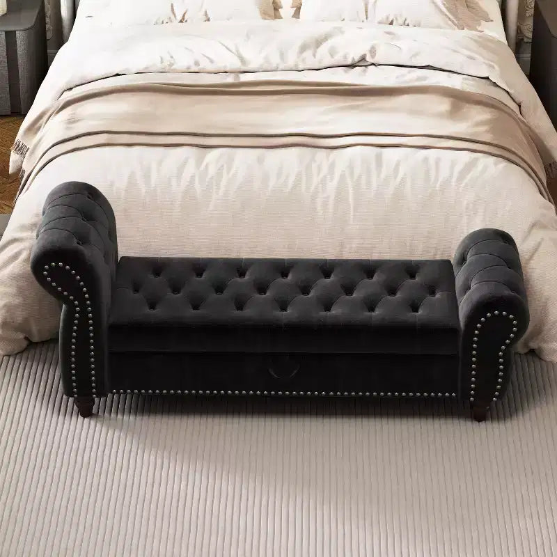 Banc de lit pour chambre à coucher, méridienne capitonnée avec rangement, banc rembourré en velours, bleu marine