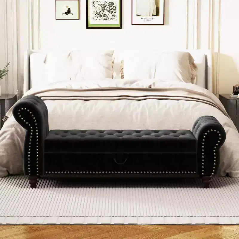 Banc de lit pour chambre à coucher, méridienne capitonnée avec rangement, banc rembourré en velours, bleu marine