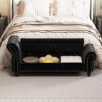 Banc de lit pour chambre à coucher, méridienne capitonnée avec rangement, banc rembourré en velours, bleu marine