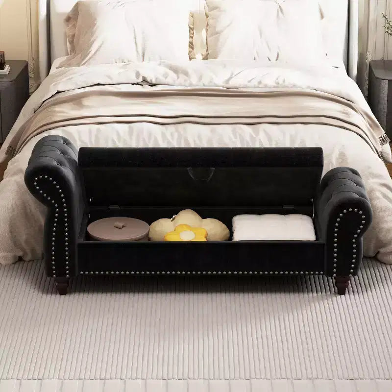 Banc de lit pour chambre à coucher, méridienne capitonnée avec rangement, banc rembourré en velours, bleu marine