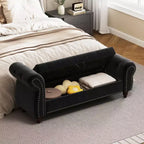 Banc de lit pour chambre à coucher, méridienne capitonnée avec rangement, banc rembourré en velours, bleu marine