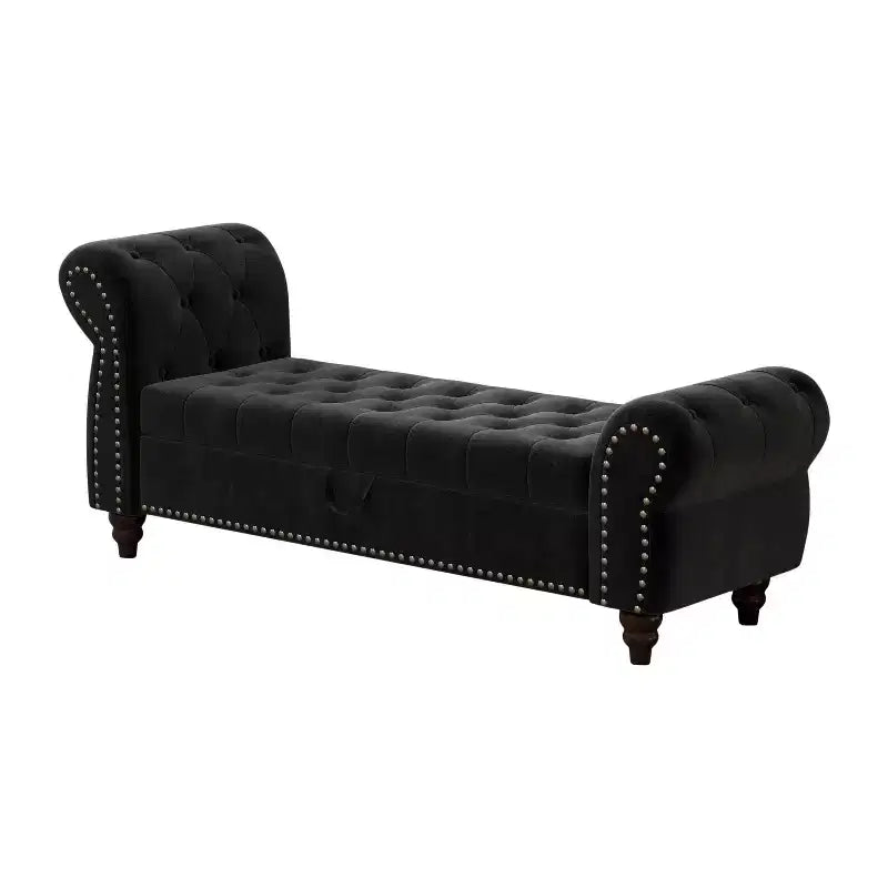 Banc de lit pour chambre à coucher, méridienne capitonnée avec rangement, banc rembourré en velours, bleu marine