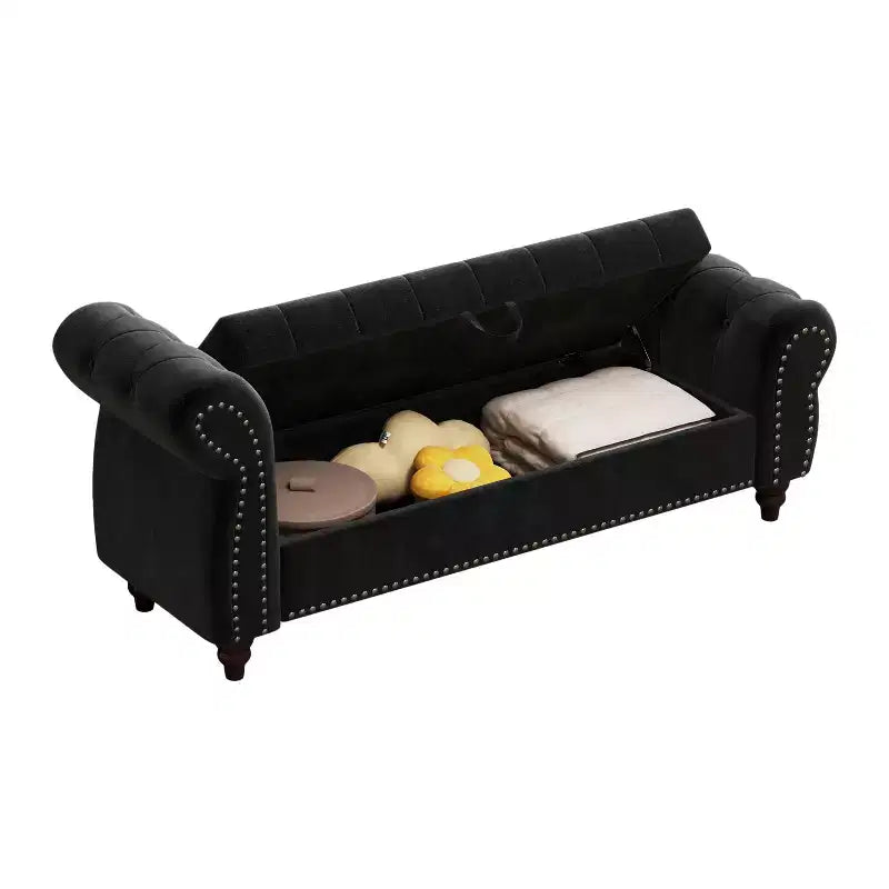 Banc de lit pour chambre à coucher, méridienne capitonnée avec rangement, banc rembourré en velours, bleu marine