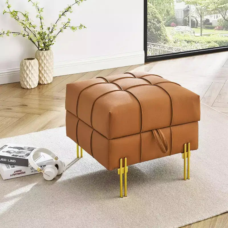 TUYOHW 22 Inches Anti-scratch Leather Storage Ottoman, Pet Friendly Entryway Bench with Golden Stainless Steel Legs, Orange