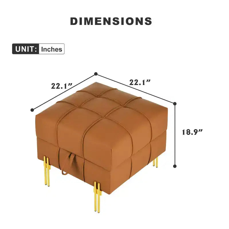 Banc de rangement ottoman en cuir anti-rayures de 22 pouces, banc d'entrée respectueux des animaux avec pieds en acier inoxydable doré, orange