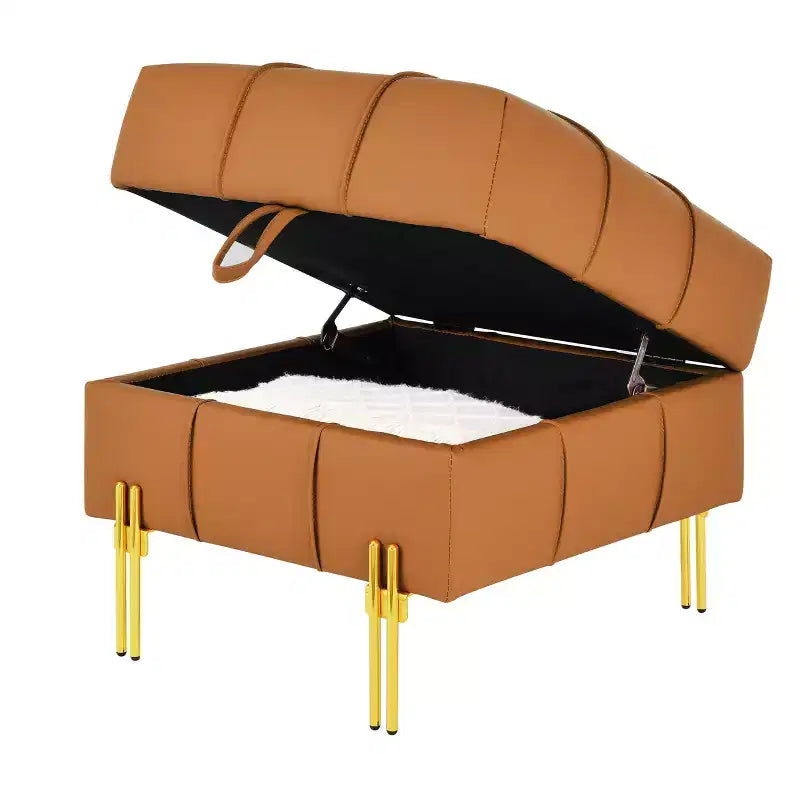 Banc de rangement ottoman en cuir anti-rayures de 22 pouces, banc d'entrée respectueux des animaux avec pieds en acier inoxydable doré, orange