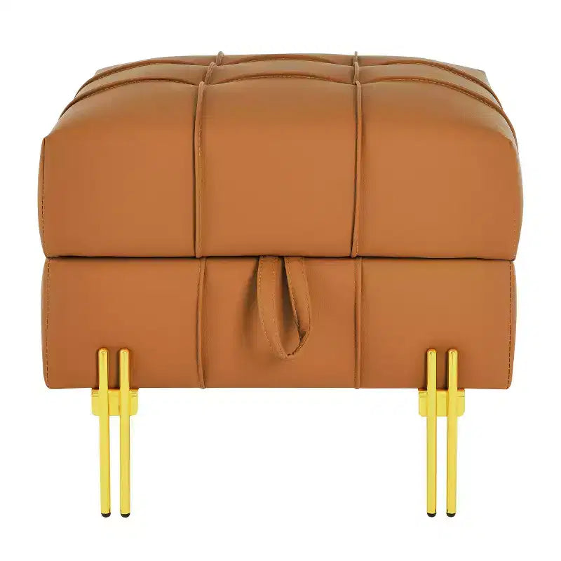 Banc de rangement ottoman en cuir anti-rayures de 22 pouces, banc d'entrée respectueux des animaux avec pieds en acier inoxydable doré, orange