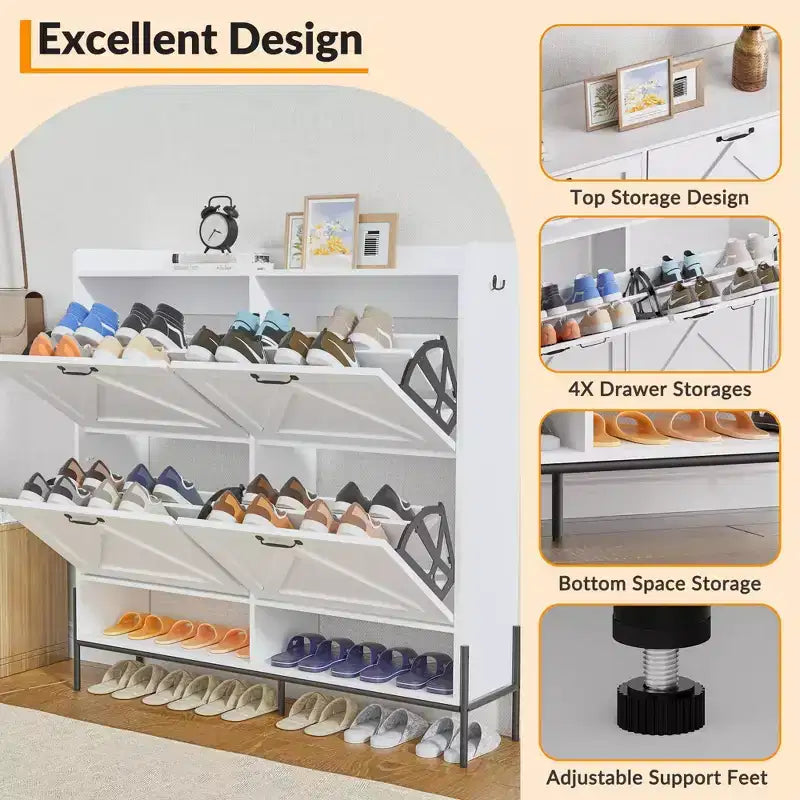 Meuble à chaussures avec 4 tiroirs basculants Meuble de rangement à chaussures dissimulé avec rangement ouvert pour l'entrée, le couloir, la chambre à coucher Organiseur de chaussures