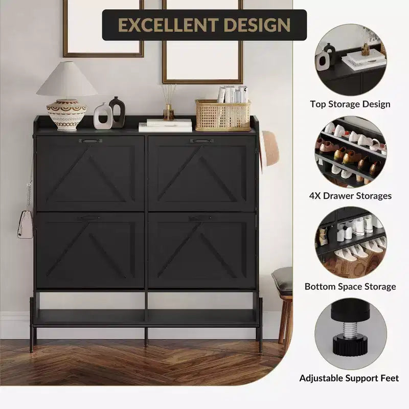 Meuble à chaussures avec 4 tiroirs basculants Meuble de rangement à chaussures dissimulé avec rangement ouvert pour l'entrée, le couloir, la chambre à coucher Organiseur de chaussures