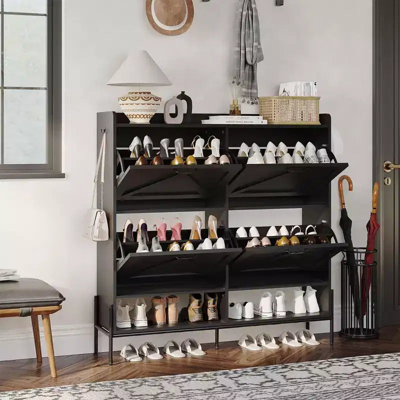Shoe Cabinet with 4 Flip-Up Drawers Hidden Shoe Storage Cabinet with Open Storage for Entryway Hallway Bedroom Shoe Organizer Cabinet