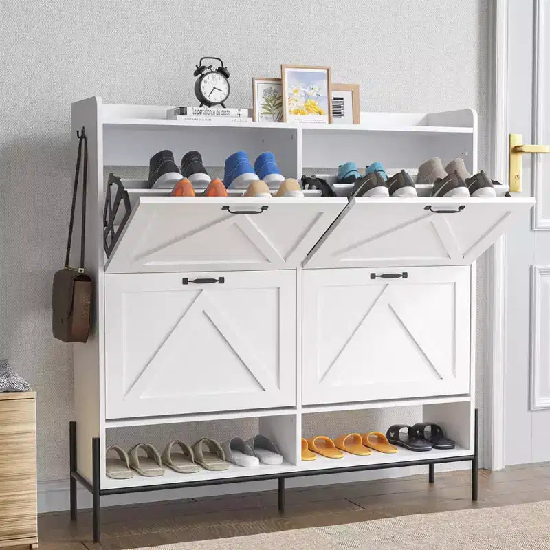 Meuble à chaussures avec 4 tiroirs basculants Meuble de rangement à chaussures dissimulé avec rangement ouvert pour l'entrée, le couloir, la chambre à coucher Organiseur de chaussures