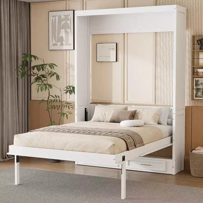Lit escamotable élégant pleine grandeur avec 2 tiroirs, Beige