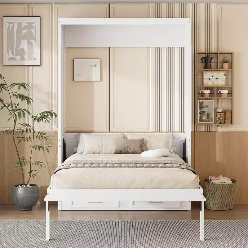 Lit escamotable élégant pleine grandeur avec 2 tiroirs, Beige