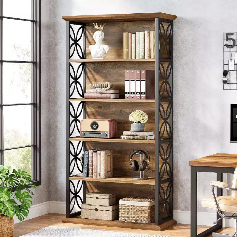 Étagère à 6 niveaux, bibliothèque de 180 cm de haut avec cadre en métal, étagères de rangement ouvertes autoportantes pour bureau, salon, chambre à coucher