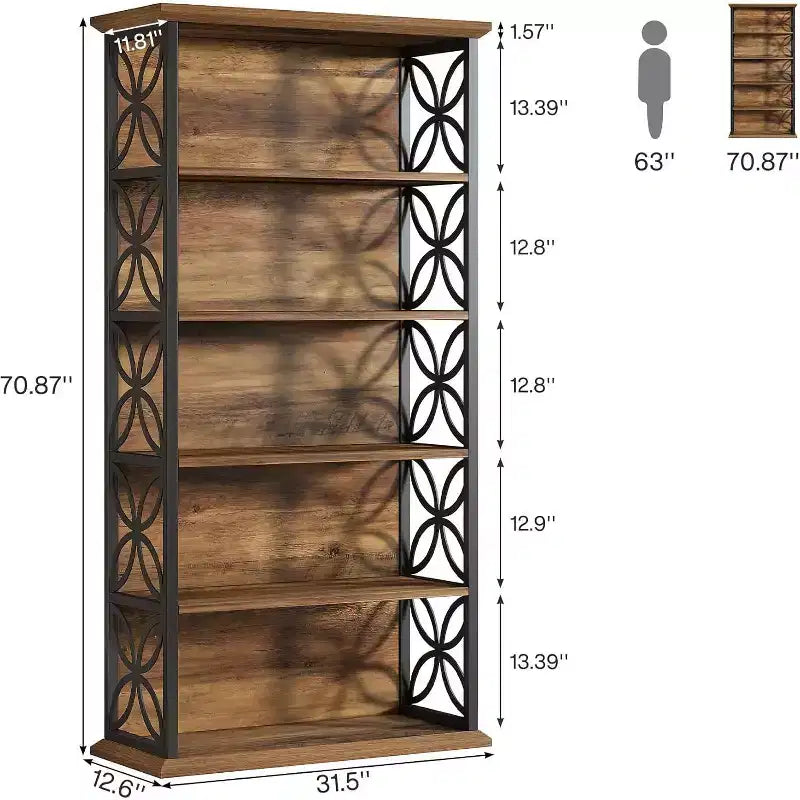 Étagère à 6 niveaux, bibliothèque de 180 cm de haut avec cadre en métal, étagères de rangement ouvertes autoportantes pour bureau, salon, chambre à coucher