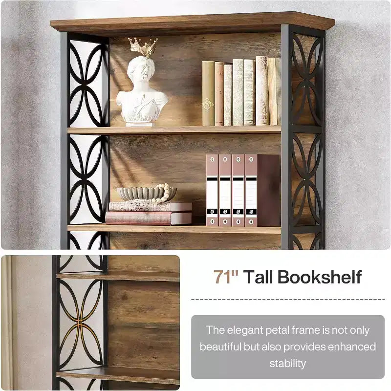 Étagère à 6 niveaux, bibliothèque de 180 cm de haut avec cadre en métal, étagères de rangement ouvertes autoportantes pour bureau, salon, chambre à coucher