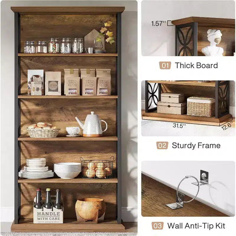 Étagère à 6 niveaux, bibliothèque de 180 cm de haut avec cadre en métal, étagères de rangement ouvertes autoportantes pour bureau, salon, chambre à coucher