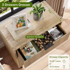 Commode cannelée à 3 tiroirs, large commode en bois, commode de rangement moderne avec pieds en métal