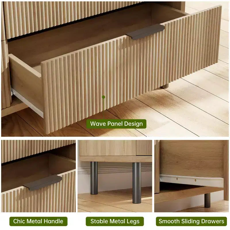 Commode cannelée à 3 tiroirs, large commode en bois, commode de rangement moderne avec pieds en métal